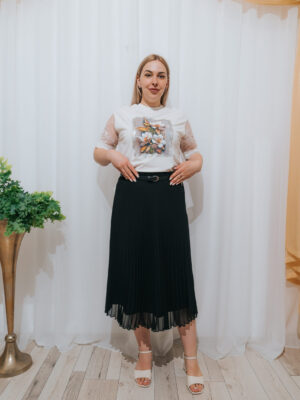 Fustă plisată neagră midi din voal cu curea subțire