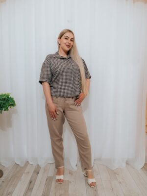 Pantaloni bej lejeri din in cu talie elastică și șnur
